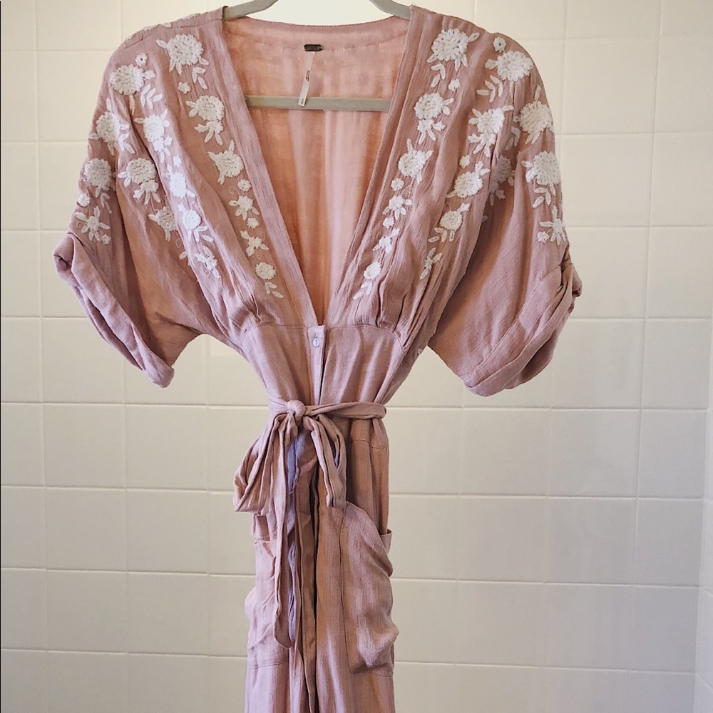 Free People Embroidered Midi Dress w/ Self Tie